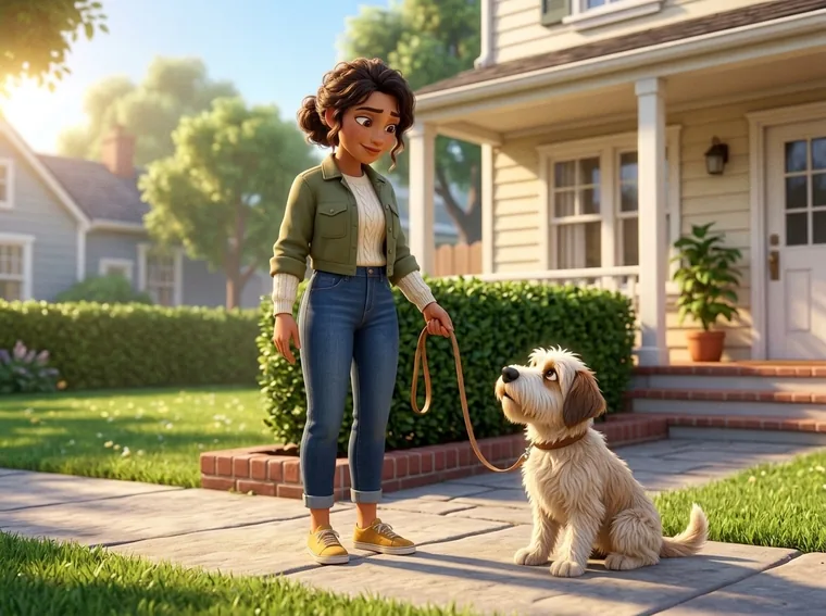 The same owner standing relaxed with a loose leash while the same dog sits at her heel looking up at her